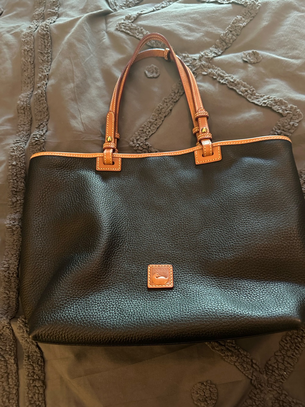Dooney & Bourke Black Leather Tote with Brown Trim